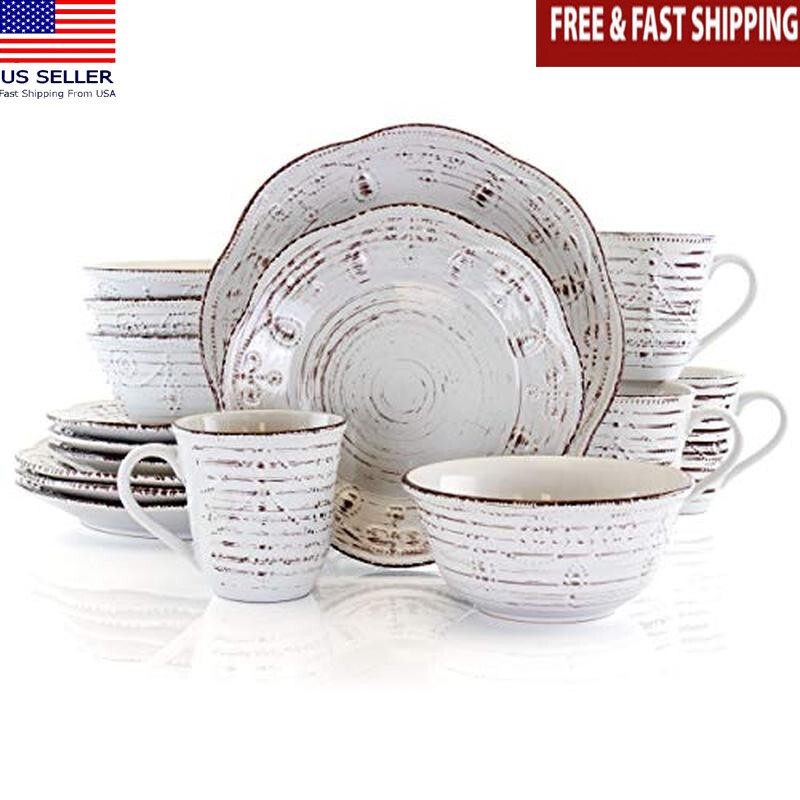 Rustic 16 Piece Scalloped Stoneware Dinnerware Set Microwave Dishwasher Safe New