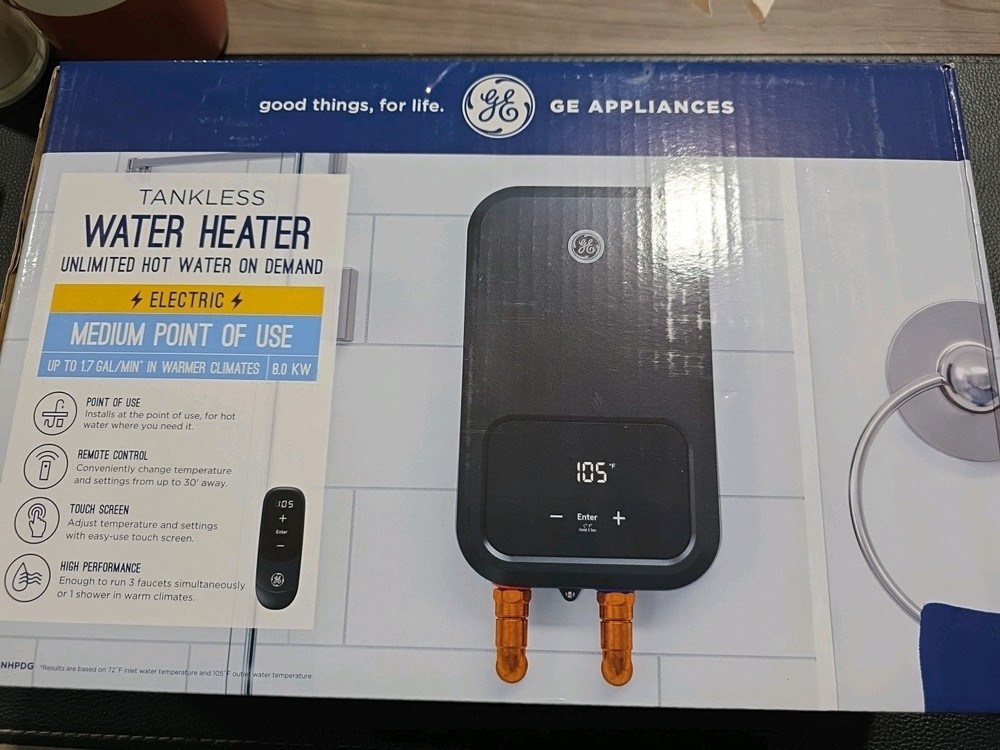 GE Appliances electric tankless water heater.
