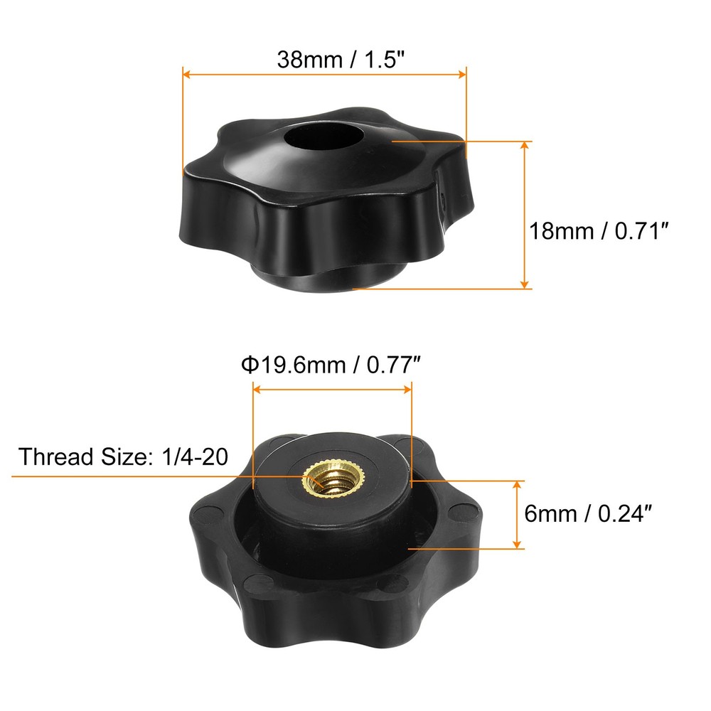 6pcs - Star Knobs 1/4-20 Thread 38mm Head Through Hole Brass Insert Knob Black