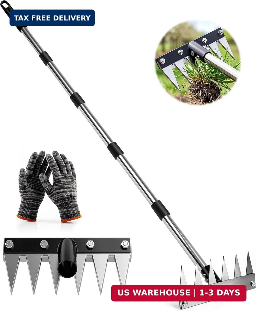 Weed Rake Tool Iron Weed Puller with 71" Adjustable Long Handle, 6 Teeth Garden