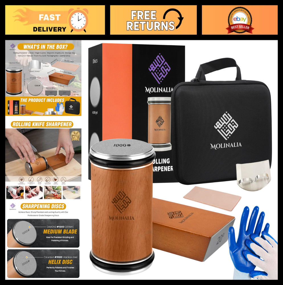 Multi-Angle Knife Sharpener Kit - Diamond & Ceramic Discs, Finger Guard, Gloves,