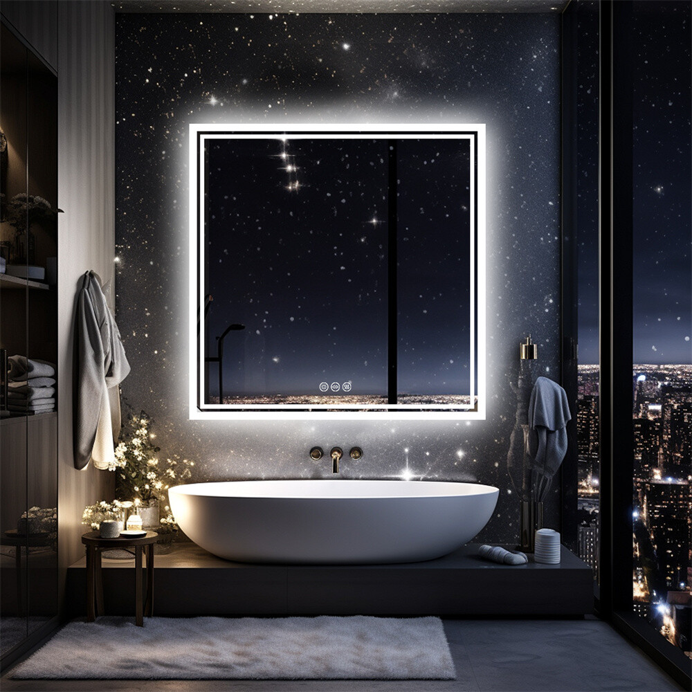 LED Bathroom Mirror Square HD Vanity Makeup Dimmable Anti-Fog Front Lit Backlit