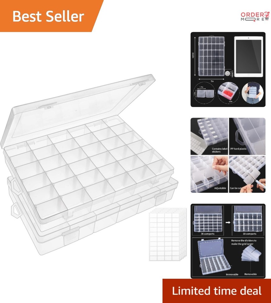 2 Pack Clear Plastic Bead Organizer Box 36 Grids Adjustable Compartment Storage