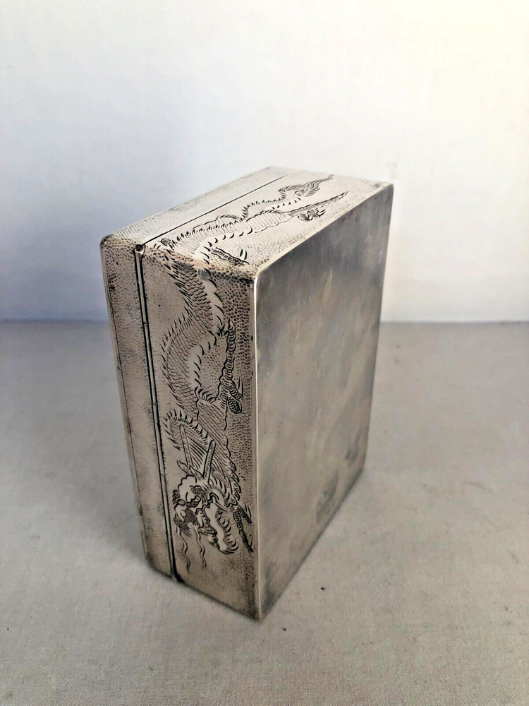 Antique Signed Chinese Sterling Silver Hand Engraved with Dragons Hinged Box.