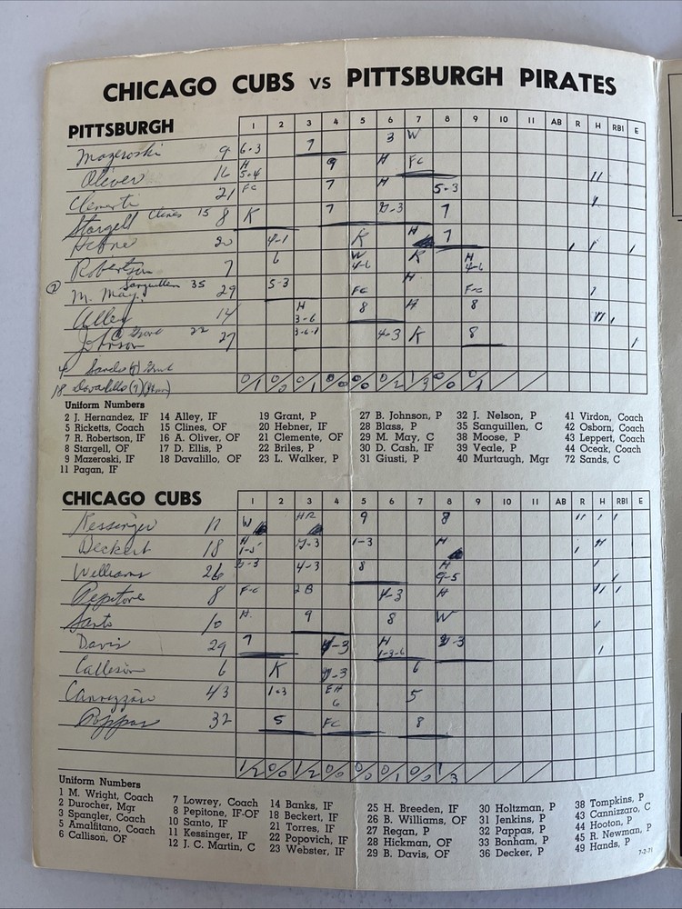 1971 Official Baseball Program: Chicago Cubs vs Pittsburgh Pirates (G4)