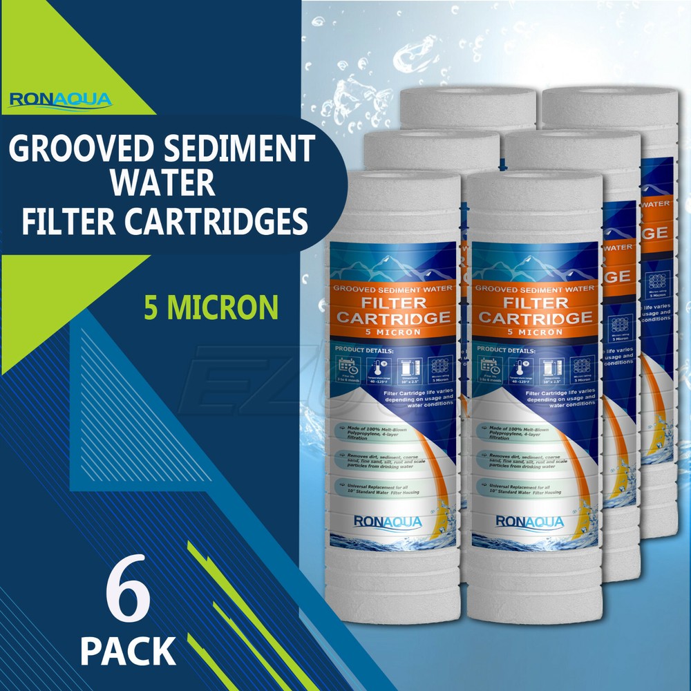 6 Pack Grooved Sediment 5 Micron Water Filters Cartridge 2.5" x 10"