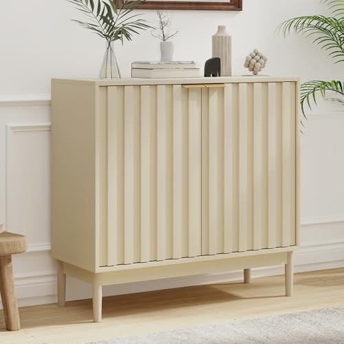 Fluted Sideboard with Storage, Buffet Cabinet Sideboard with 2 Doors Beige