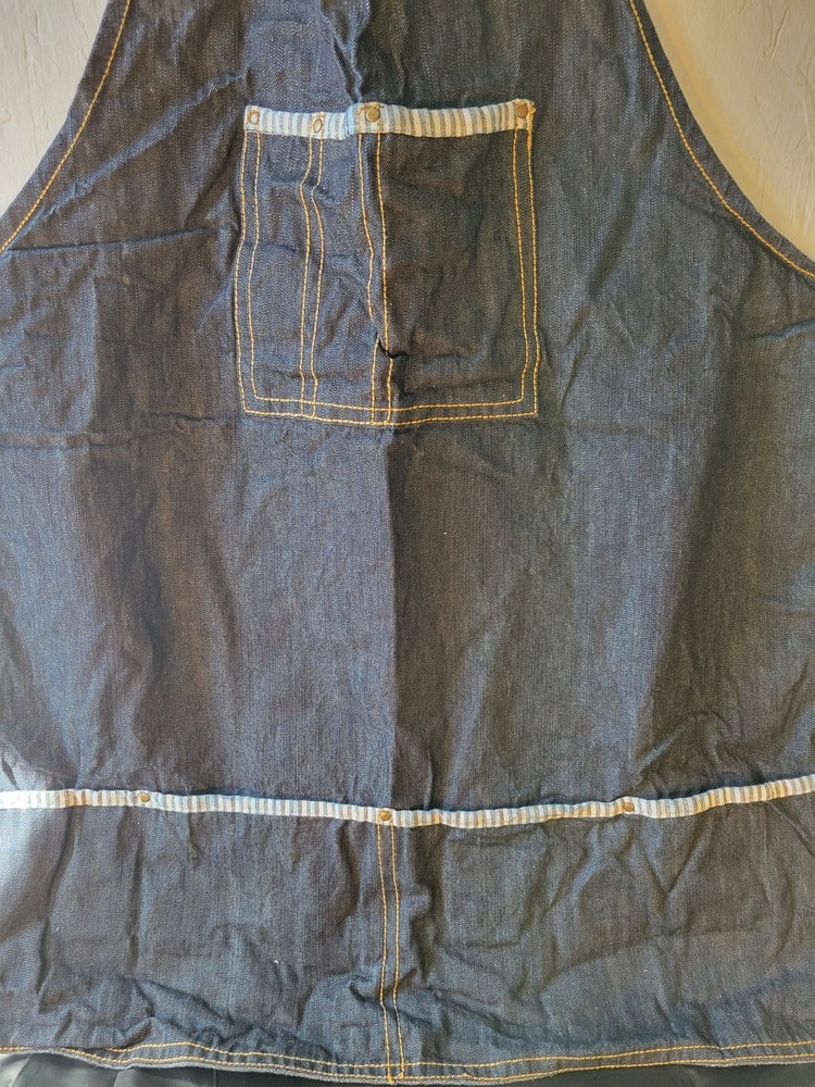 Denim Work Apron with Striped Trim, Adjustable Straps