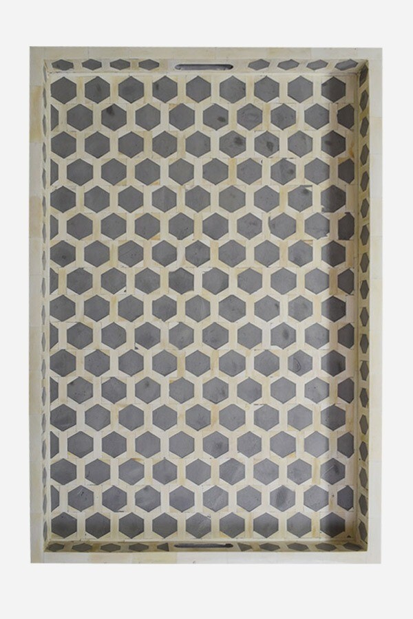 Bone Inlay Hexagonal Design Tray in Grey Color