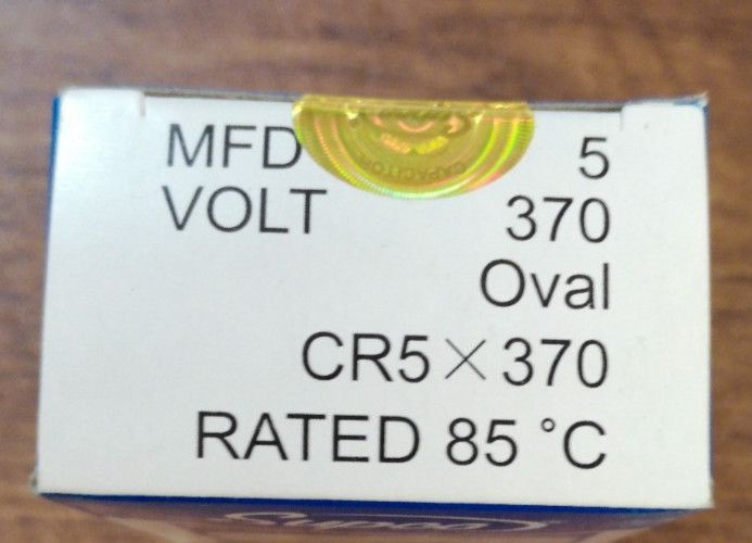 Supco Run Capacitor Oval Part # CR5x370 5Mfd.370Volt