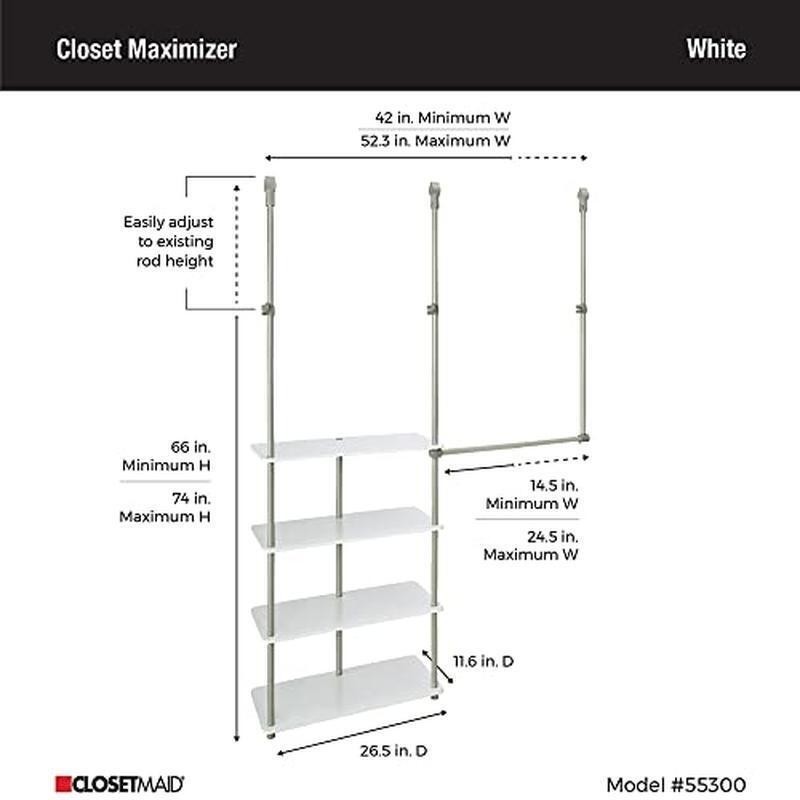 Closet Maximizer 4 Shelf Adjustable Double Hang Rod Tool Free Assembly New