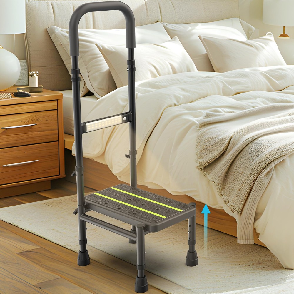 Packve Step Stool with Handle for Elderly 1 Step, Adjustable Leg, Black