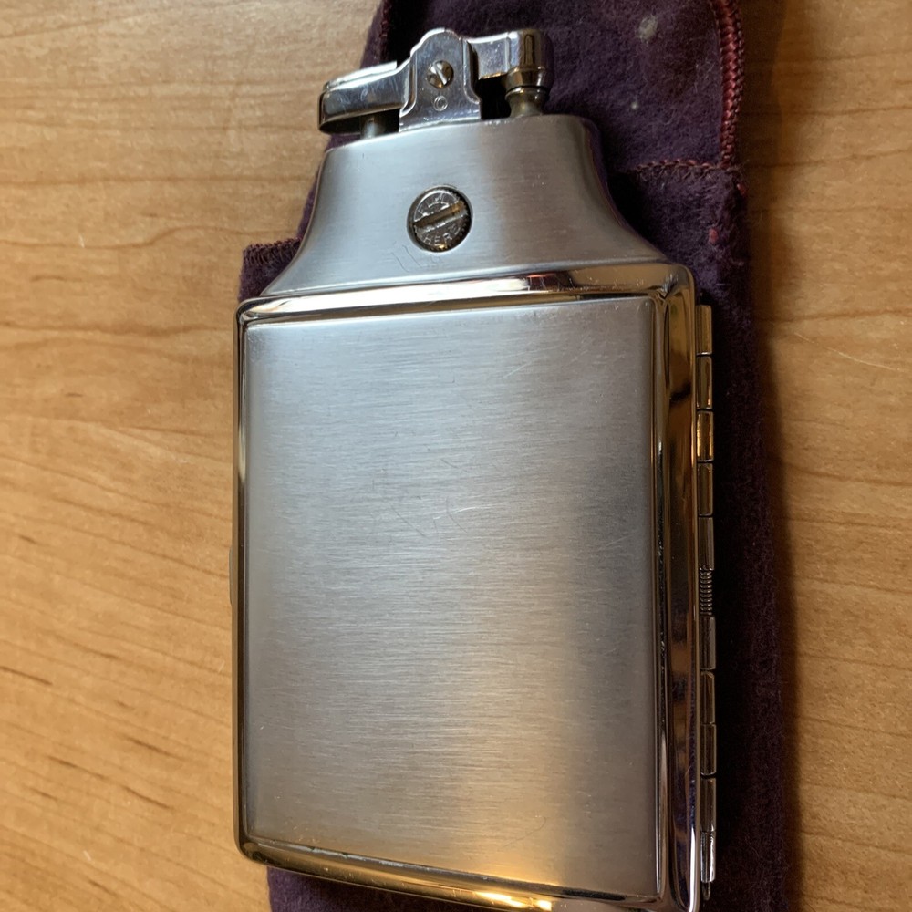 Vintage Ronson Cigarette Case W/ Built in Lighter Silver Tone + Bag Great Shape