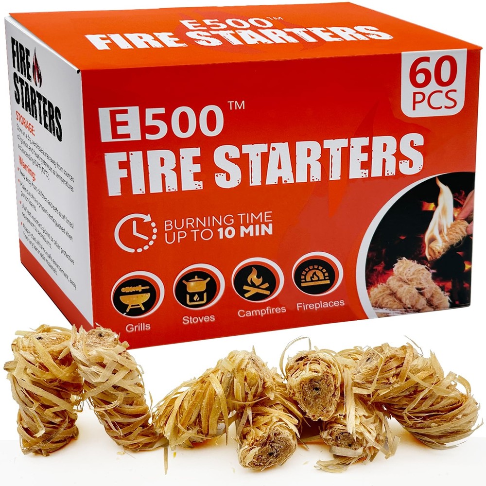 E500 Fire Starter - Natural Fire Starters for Fireplace, Campfires, Chimney, ...