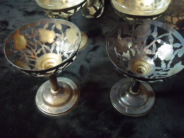 4 Vtg Mexican Filigree Medium Glass Sterling Silver Openwork Rose Pattern 5"+++