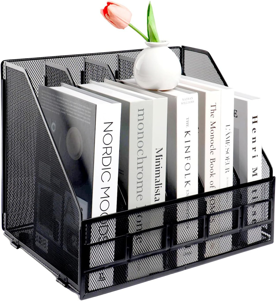 Metal Mesh File Holder, 5 Compartments Document Holder Office File Storage Rack,