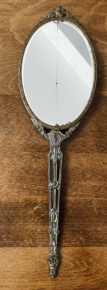 Antique Hand Mirror Rose Emblem Cracked