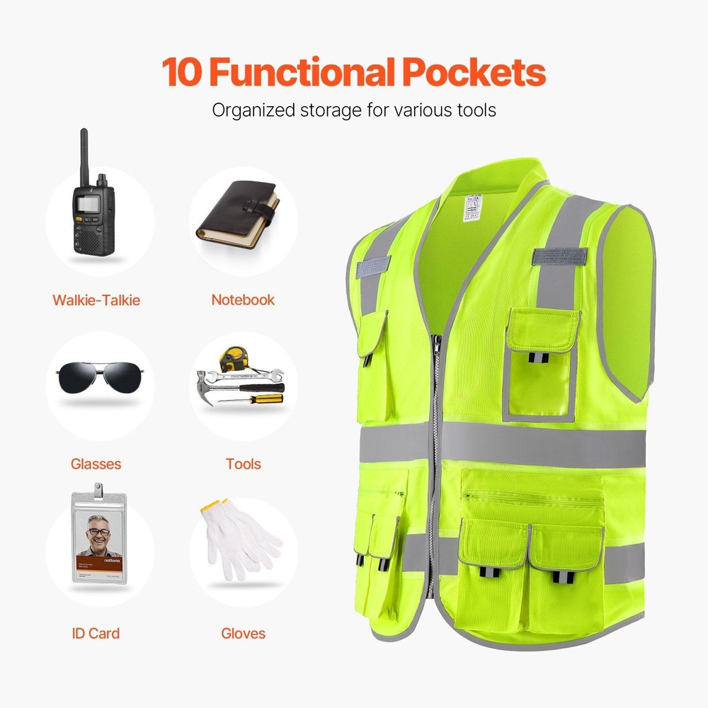 Yellow Vest High Visibility with 10 Pockets 360° Reflective Security Feature