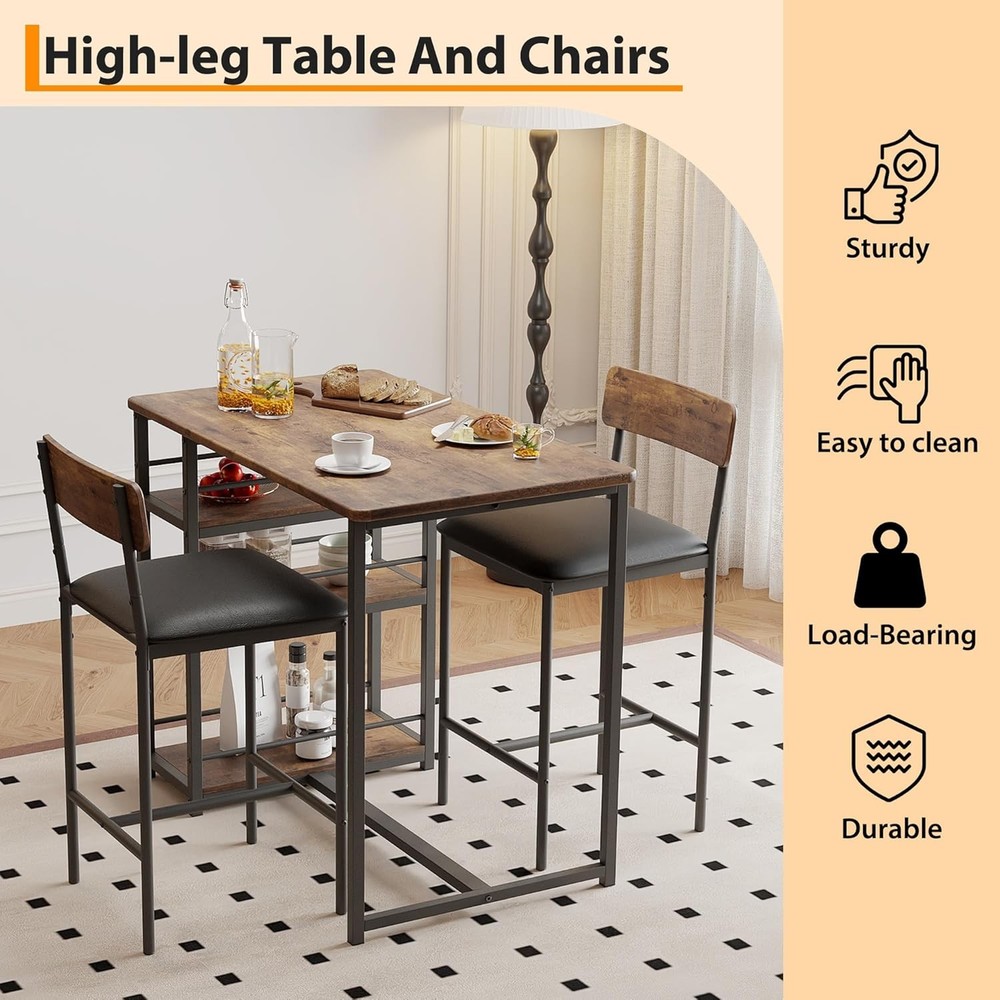 Dining Table Set 2 Counter Height Kitchen Table W/ 2 Upholstered Bar Stools
