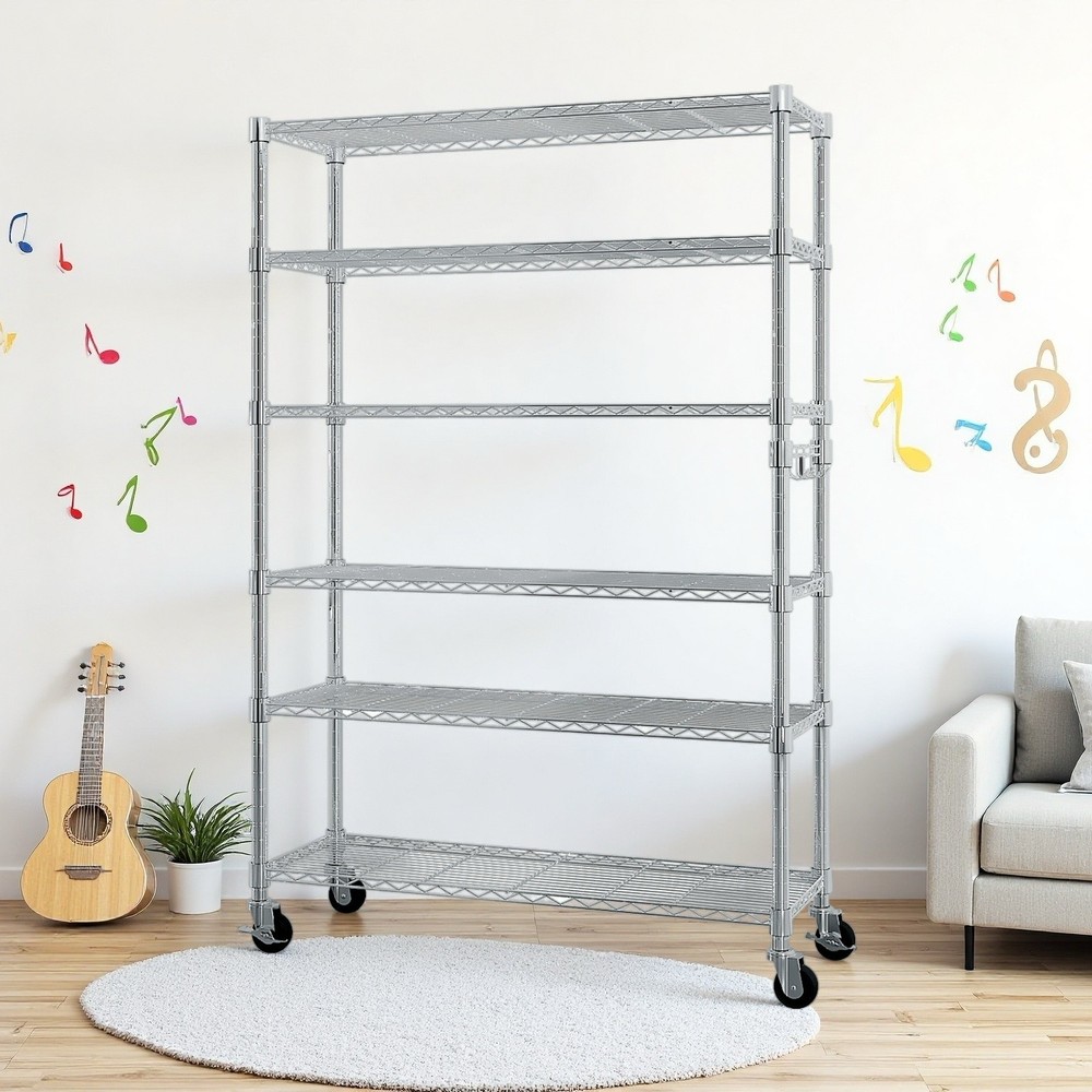 6-Tier Rolling Wire Shelving Unit - Heavy Duty, Adjustable, Hooks & Silver