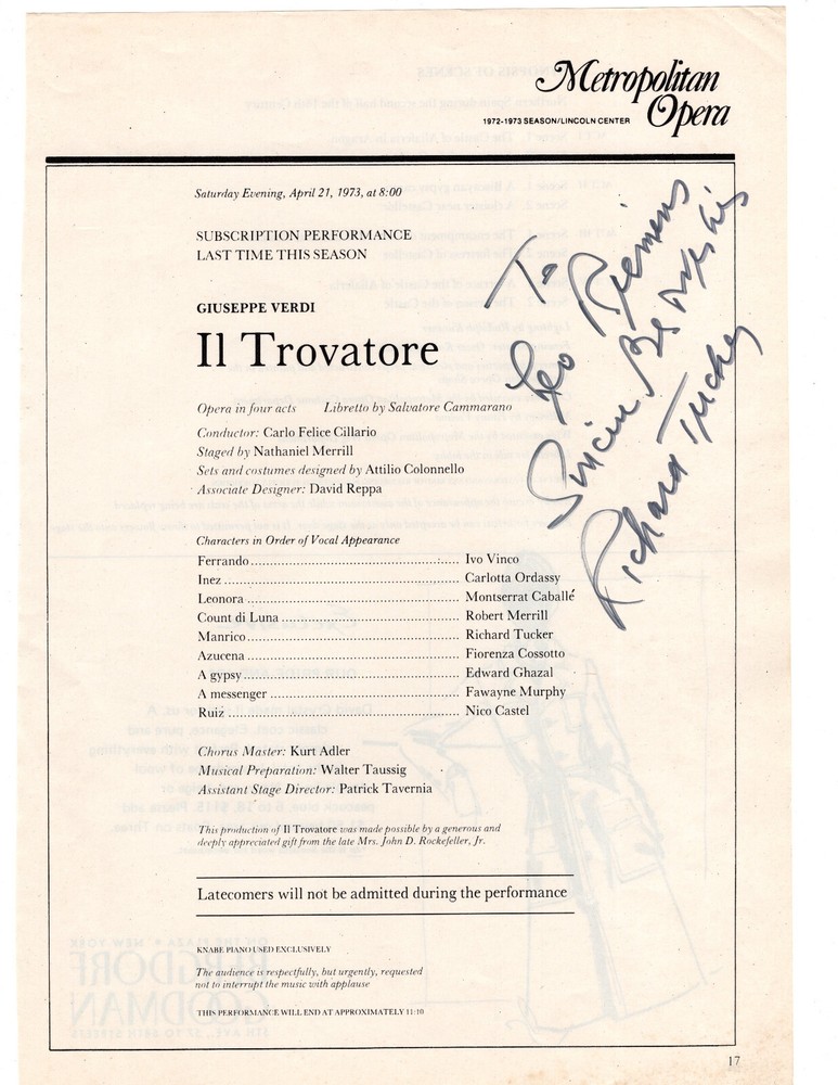 Richard Tucker Signed Program Page 1973 / Autographed Opera Singer