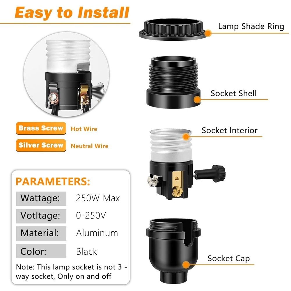 Listed E26 Light Socket, Threaded Lamp Socket Replacement with ON/Off Switch ...