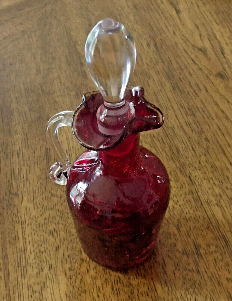 Vintage Ruby Red Hand Blown Cruet w/ Clear Glass Stopper & Handle