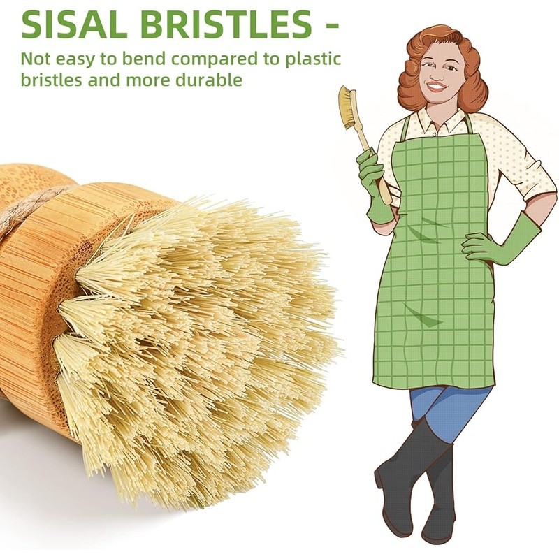 Bamboo Handle Sisal Brush Kitchen Cleaning Tool Eco-Friendly Dish Scrubber Pans