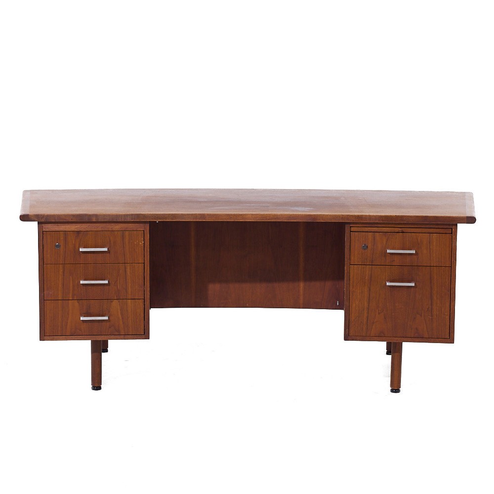 Jens Risom Style Mid Century Walnut Curved Executive Desk