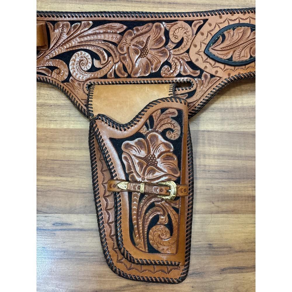 Vintage Leather Tooled Western Holster Belt