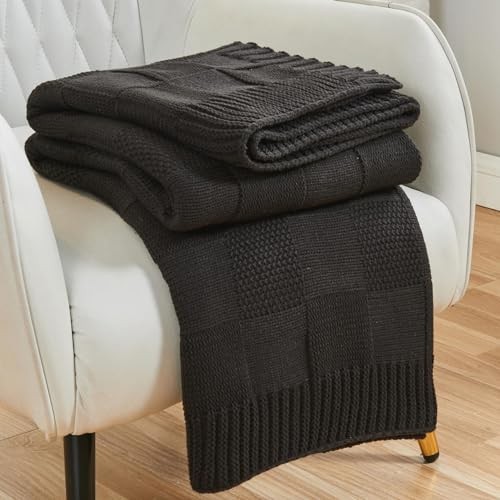 Check Knit Throw Blanket Checkered Throw for Couch, 50"X60" Jet Black