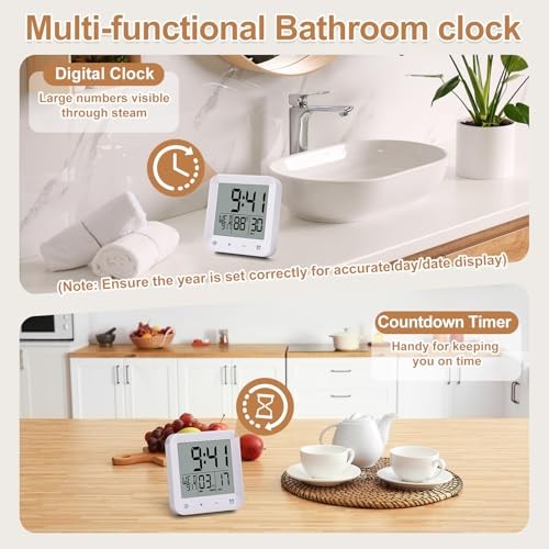 Waterproof Shower Clock with Timer, Bathroom Wall Clock Displaying White