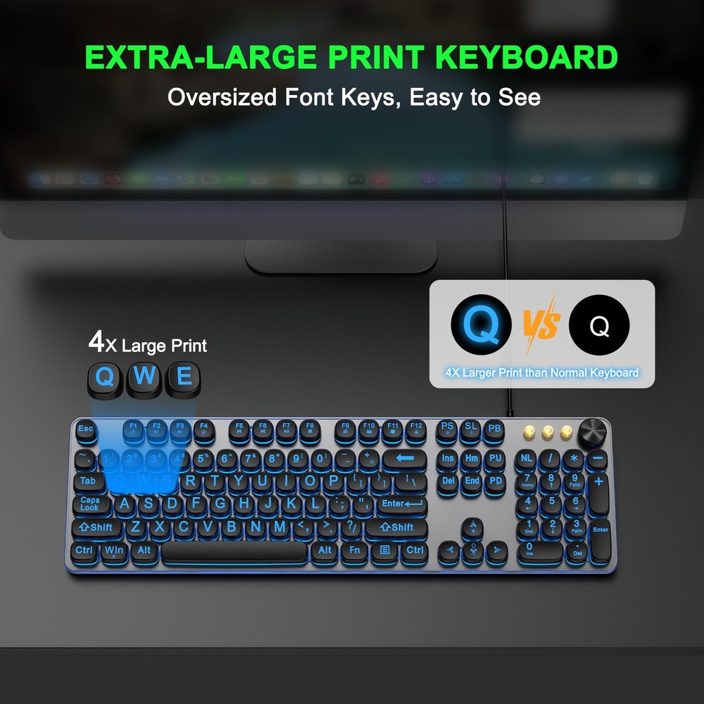 Large Print Backlit Keyboard with 7-Color Backlit, Wired USB Lighted Computer...