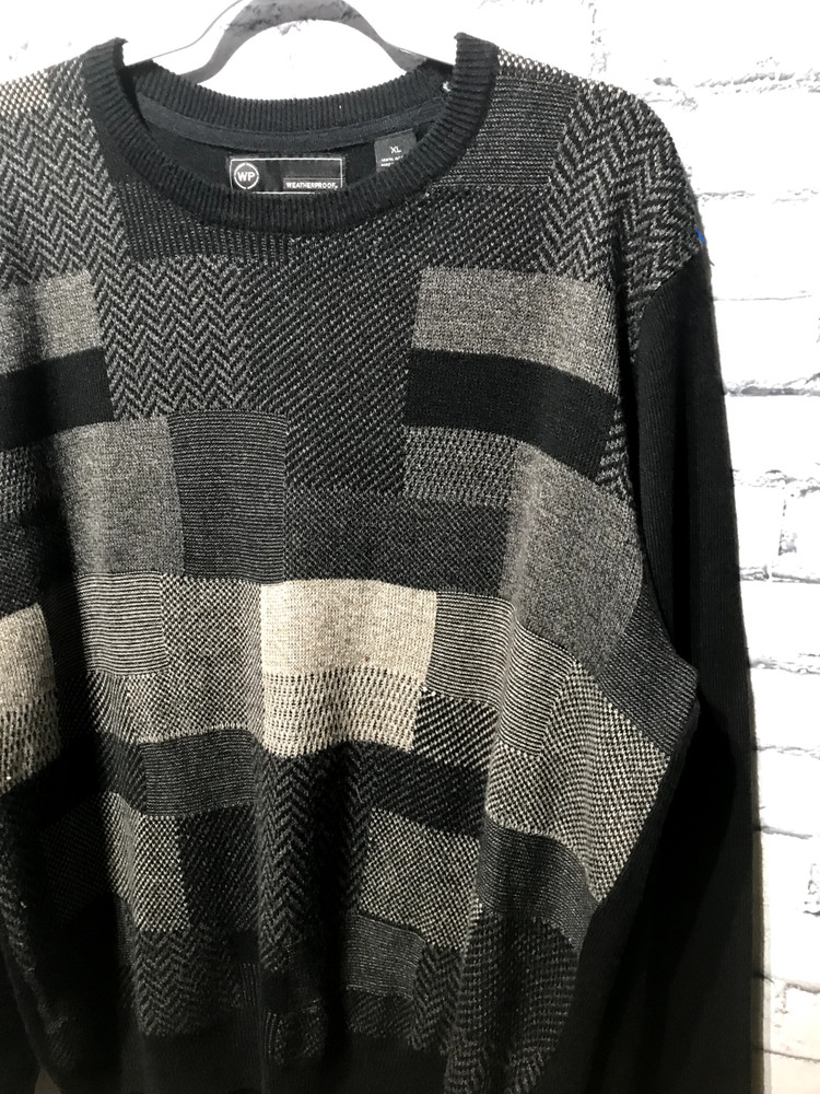 Weatherproof, Men XL, Black/Gray Patchwork Pattern Knit Pullover Sweater Retro