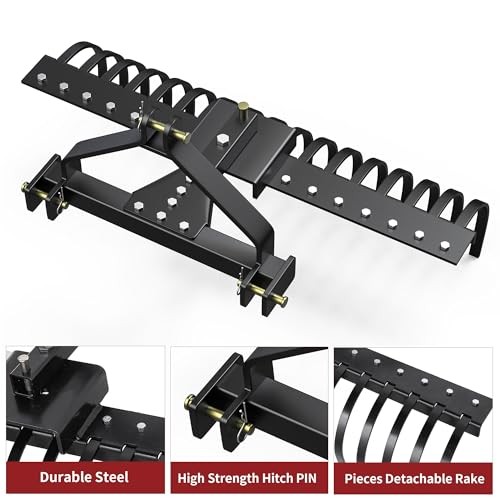 50" Landscape Rake Tractor Attachment,3 Point Quick Hitch Rock Rake for