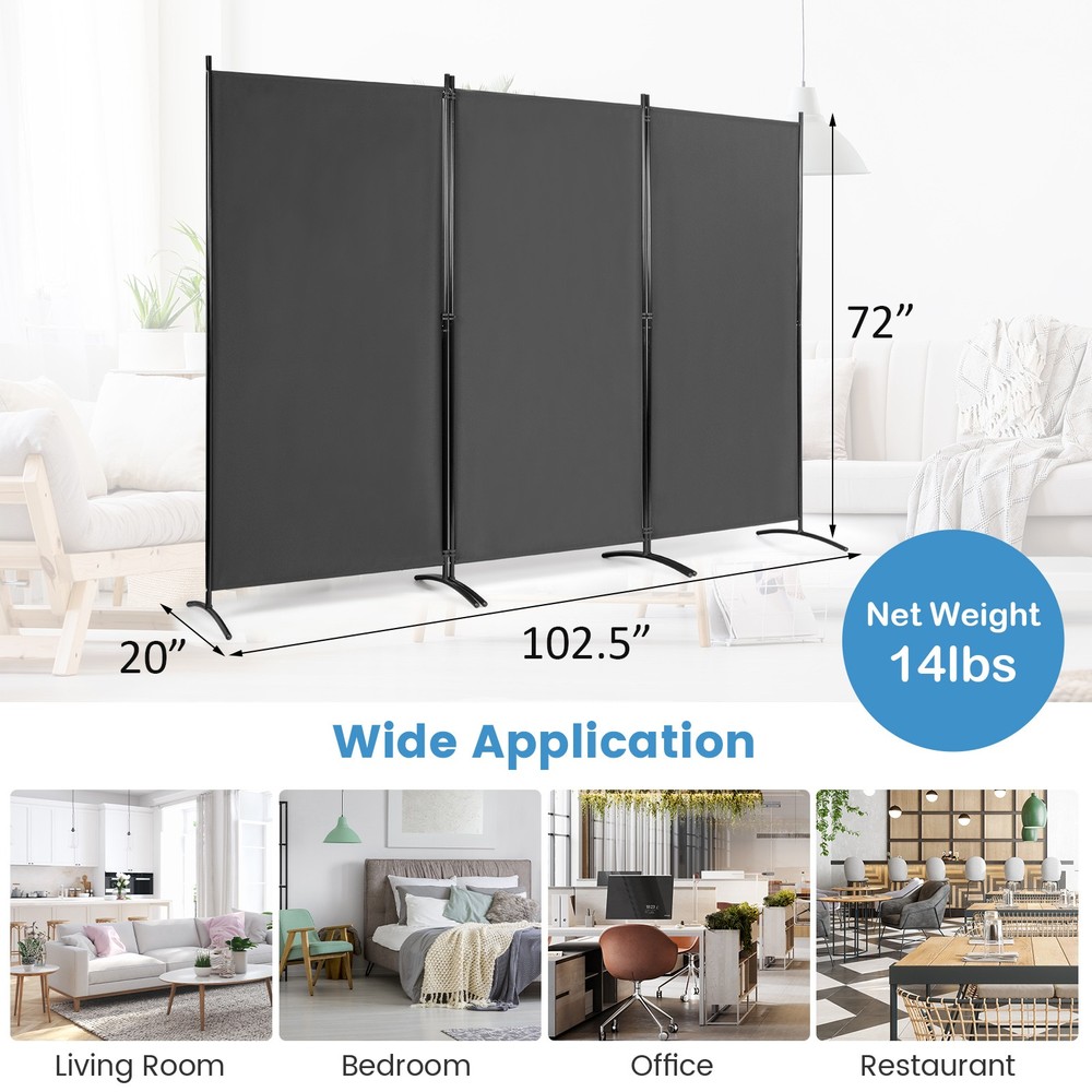 3-Panel Room Divider Folding Privacy Partition Screen for Office Room Grey