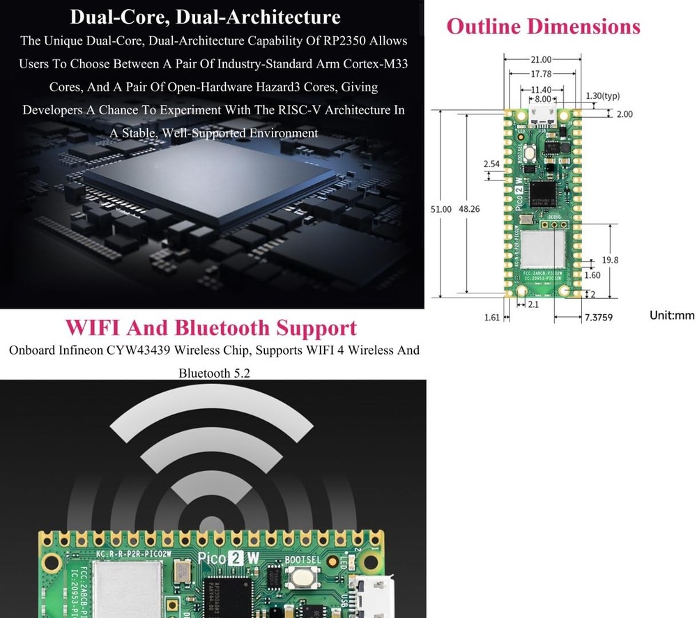 Pico 2 W with Color Pre-Soldered Header Compatible Raspberry Pi 2...
