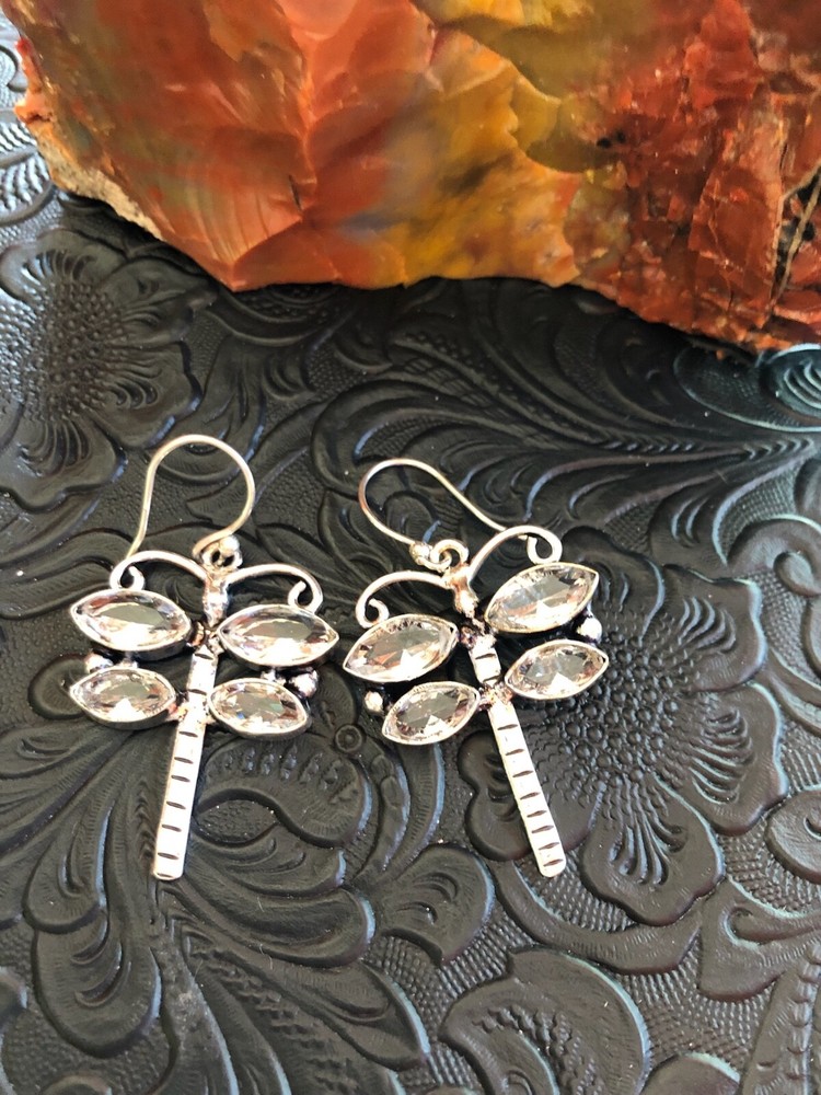 White Crystal Dragonfly Earrings 2" Artisan Southwest