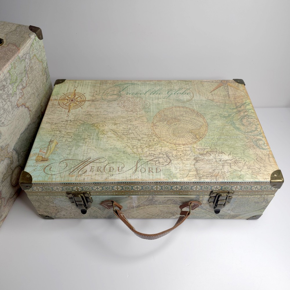 Set of 2 Vintage Map Pattern Large Decorative Storage Box W/ Handle & Latch READ