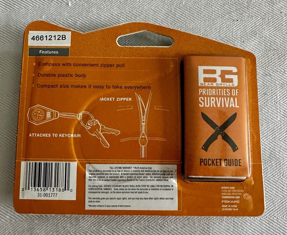 Gerber SurvivalBear Grylls BG BackTrack Compact Compass Keychain Zipper Pull