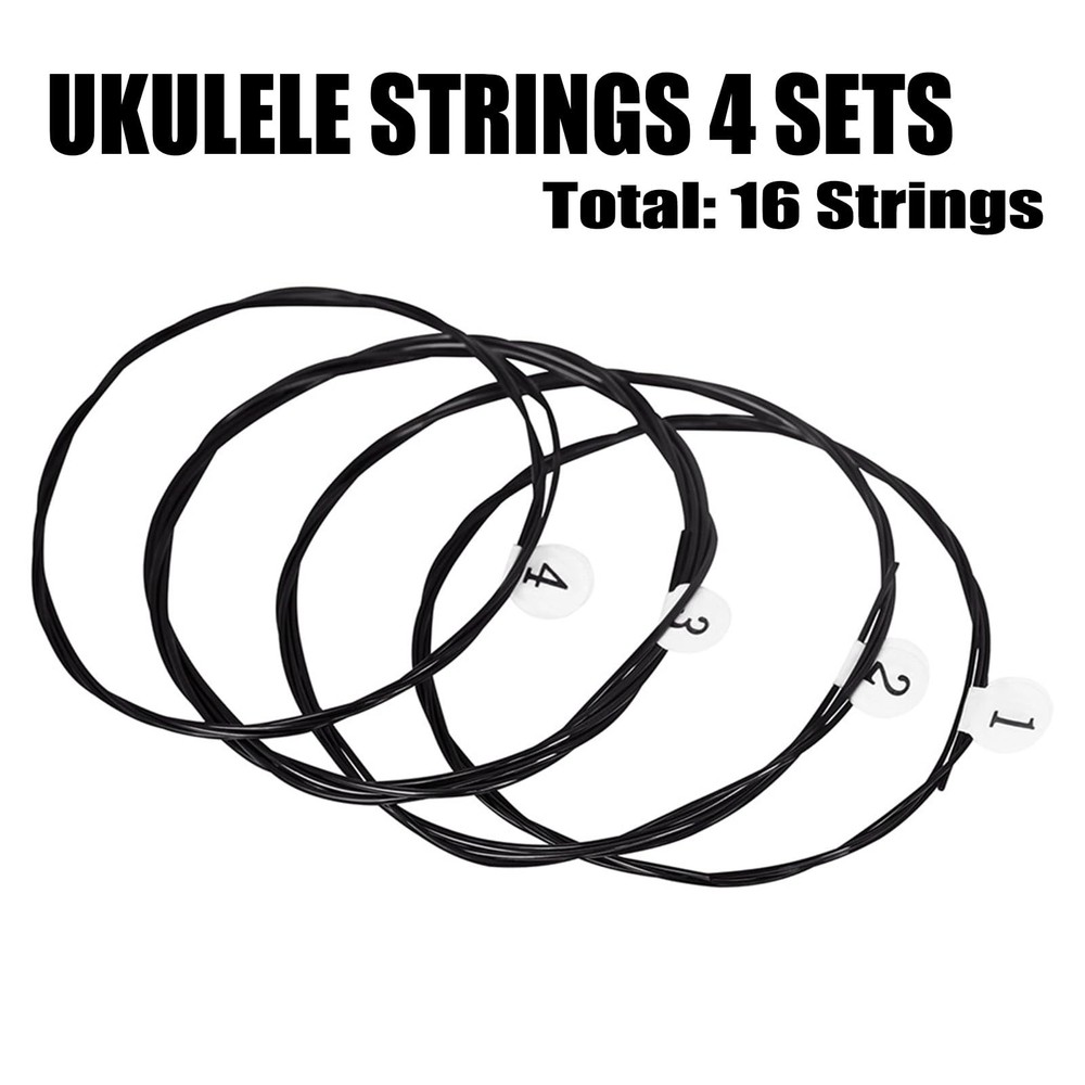 Ukulele Strings 4 Sets, 16 Strings, Black Nylon, Light Gauge, Uncoated, Sopra...