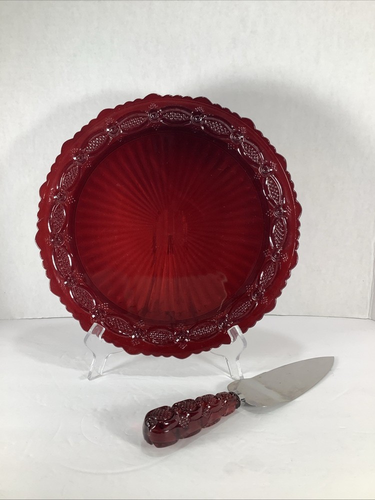 Avon Cape Cod 1876 Ruby Red 10.5” Cake Plate & Matching Server