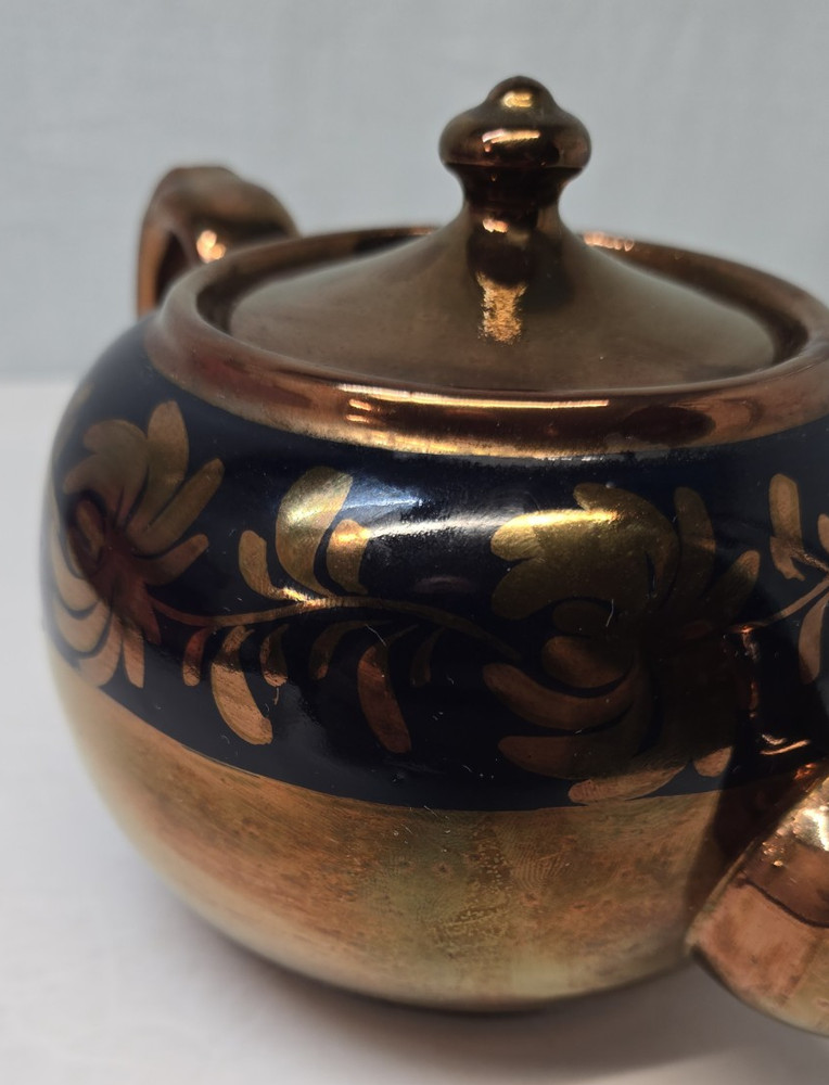 Copper Luster Teapot Blue Swirl Design Red Ware