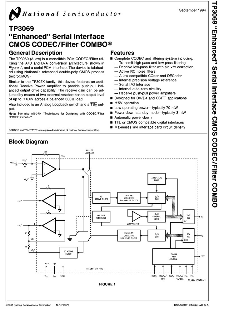1X TP3069J NSC Enhanced Serial Interface CMOS CODEC Filter Combo A Law CDIP-20