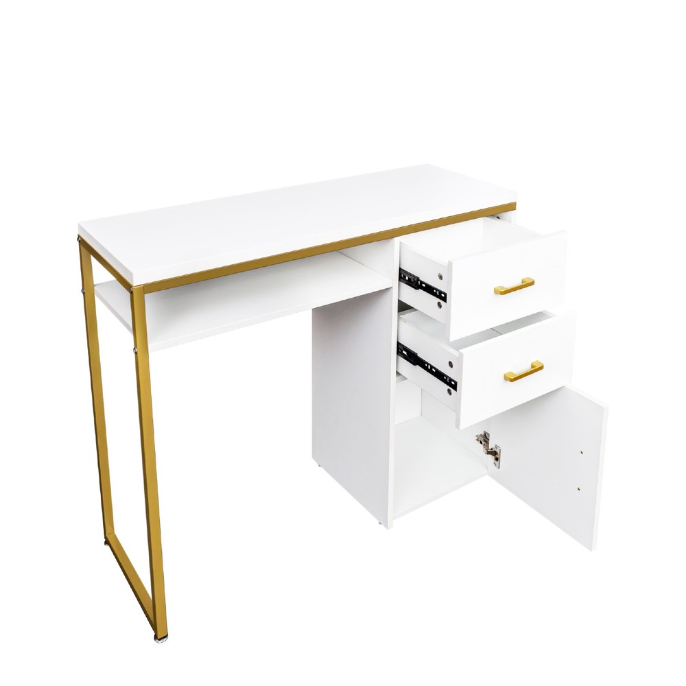 Modern Computer Desk With 2 Drawers And Cabinet White Vanity Study Writing Table