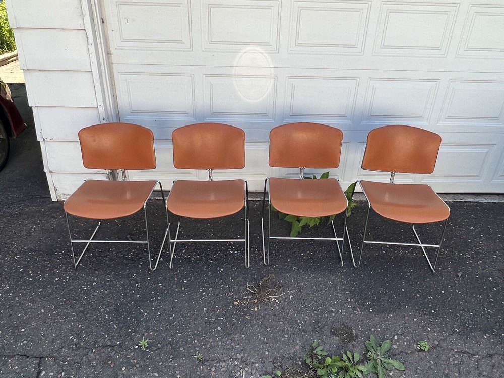 4 VINTAGE MAX-STACKER CHAIRS STACKABLE STEEL-CASE ORANGE & CHROME Give Inc