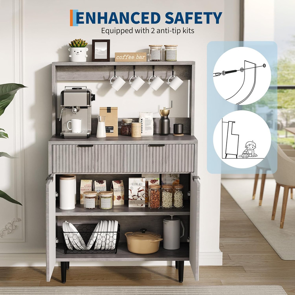Modern Grey Fluted Sideboard Buffet Cabinet with Adjustable Shelves & Drawers