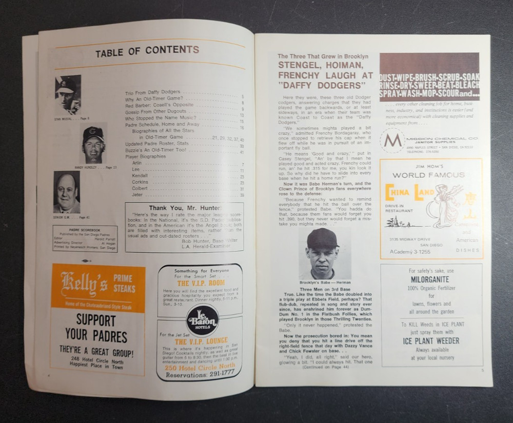 1972 San Diego Padres Old Timers Super Game Baseball Program