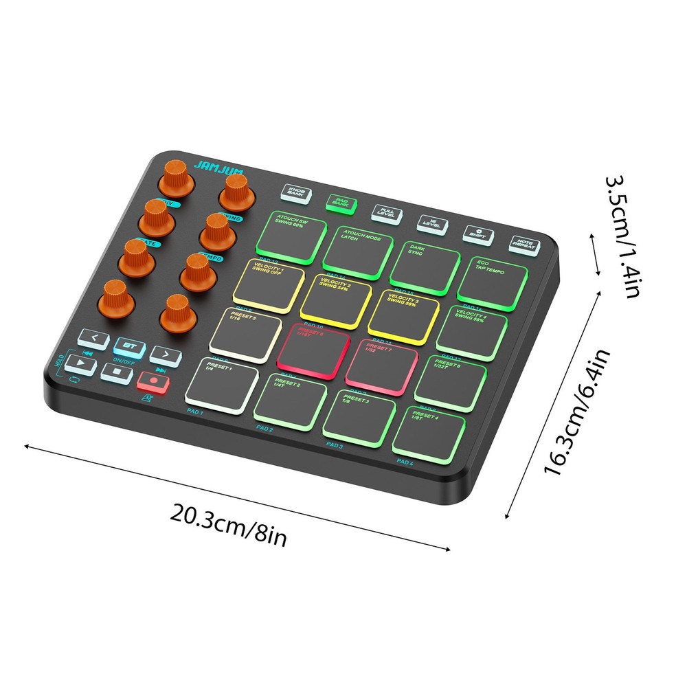 JAMJUM MIDI Compact MIDI Controller 16 RGB Pads 6 Programmable Buttons Wireless