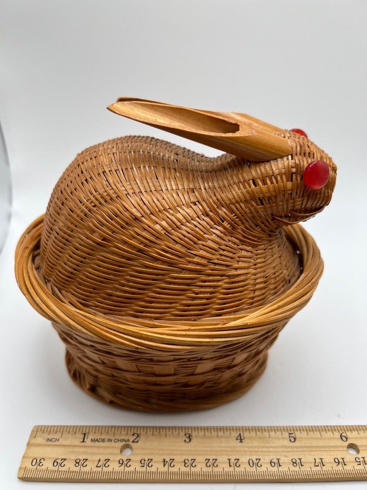 Small Bamboo Bunny Rabbit Basket With Button Eyes